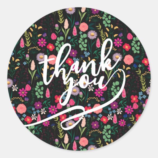 Boho Botanical Watercolor Flowers Black ラウンドシール (正面)