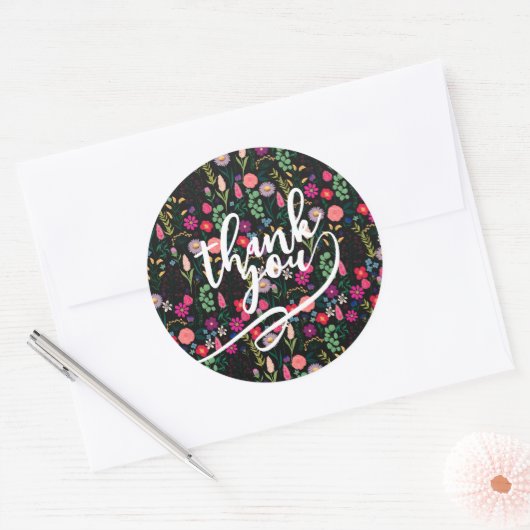 Boho Botanical Watercolor Flowers Black ラウンドシール (封筒)