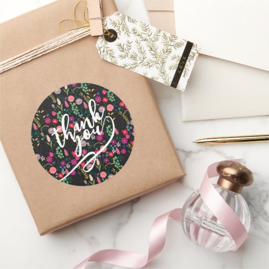 Boho Botanical Watercolor Flowers Black ラウンドシール (ギフト)