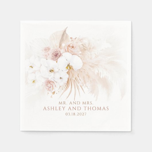 Boho Botanical White Orchids Pampas Grass Wedding スタンダードカクテルナプキン (正面)