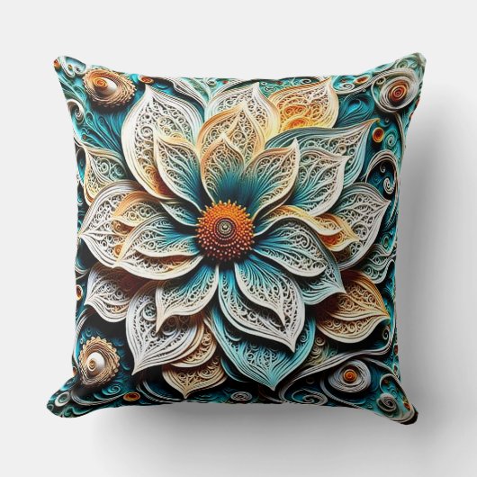 Boho Botanical Zentangle Floral Throw Pillow  クッション (正面)
