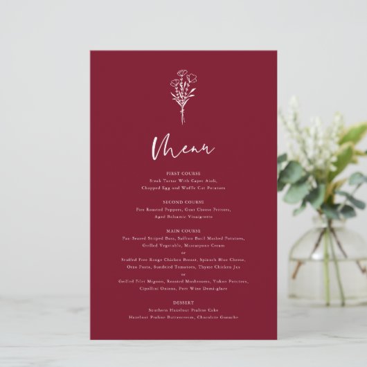 Boho Botanicalsブルゴーニュ結婚のメニューカード (スタンド正面)