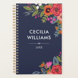 Boho Bouquets – ネイビーブルー&コーラル – 名前 プランナー手帳