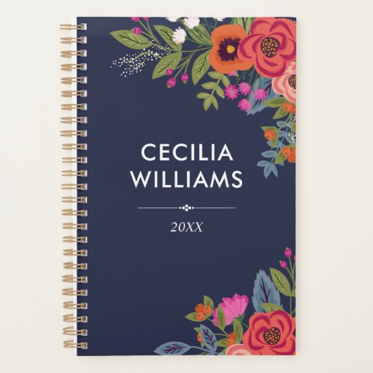 Boho Bouquets – ネイビーブルー&コーラル – 名前 プランナー手帳 (正面)
