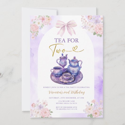 Boho Bow Purple Tea for two girl Birthday flowers 招待状 (正面)