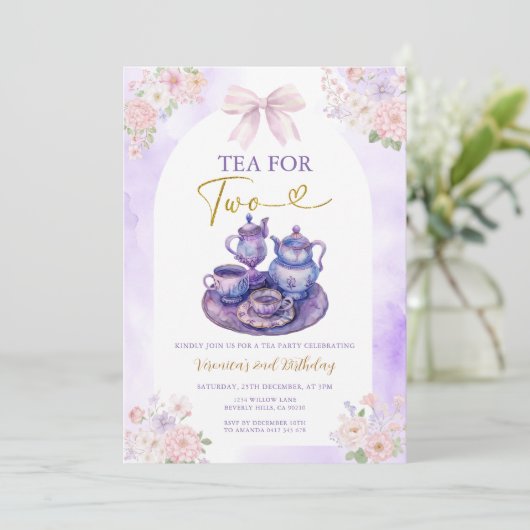 Boho Bow Purple Tea for two girl Birthday flowers 招待状 (スタンド正面)