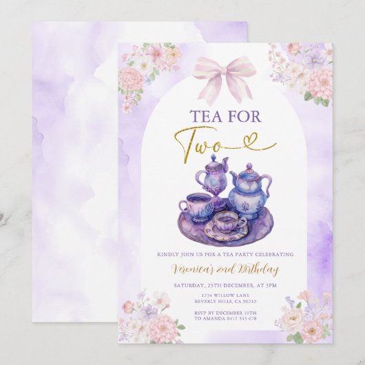 Boho Bow Purple Tea for two girl Birthday flowers 招待状 (正面/裏面)