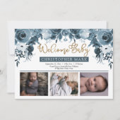Boho Boy 3フォトブルーウォーター色金ゴールドフローラ誕生 案内状 (正面)