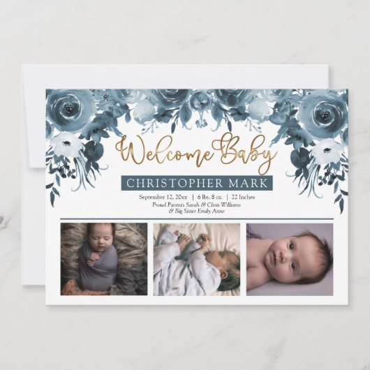 Boho Boy 3フォトブルーウォーター色金ゴールドフローラ誕生 案内状 (正面)