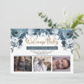 Boho Boy 3フォトブルーウォーター色金ゴールドフローラ誕生 案内状 (スタンド正面)