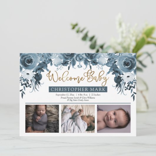 Boho Boy 3フォトブルーウォーター色金ゴールドフローラ誕生 案内状 (スタンド正面)