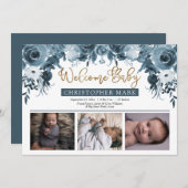 Boho Boy 3フォトブルーウォーター色金ゴールドフローラ誕生 案内状 (正面/裏面)