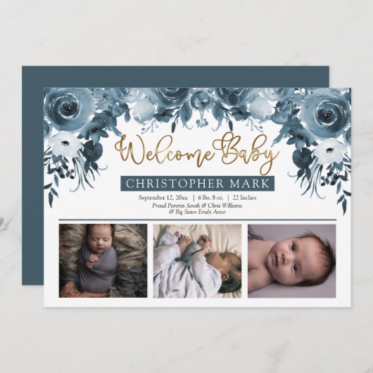 Boho Boy 3フォトブルーウォーター色金ゴールドフローラ誕生 案内状 (正面/裏面)