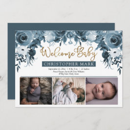 Boho Boy 3フォトブルーウォーター色金ゴールドフローラ誕生 案内状