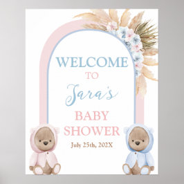Boho Boy Girl Twins Bear Baby Shower Welcome sign ポスター