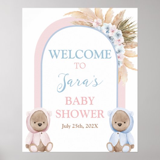Boho Boy Girl Twins Bear Baby Shower Welcome sign ポスター (正面)