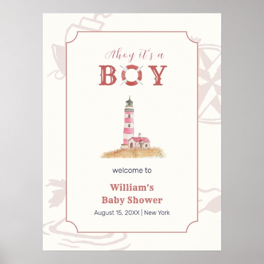 Boho Boy Nautical Lighthouse Baby Shower Welcome ポスター (正面)
