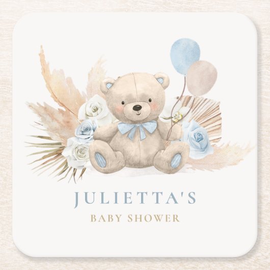 Boho Boy Teddy Bearベビーシャワーパーティー装飾 スクエアペーパーコースター (正面)