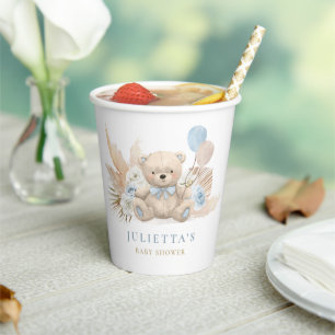 Boho Boy Teddy Bearベビーシャワーパーティー装飾 紙コップ