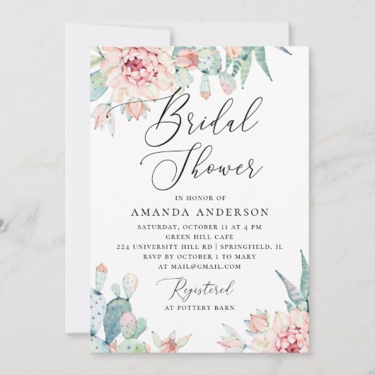 Boho Bridal Shower | Watercolor Cactus Floral 招待状 (正面)