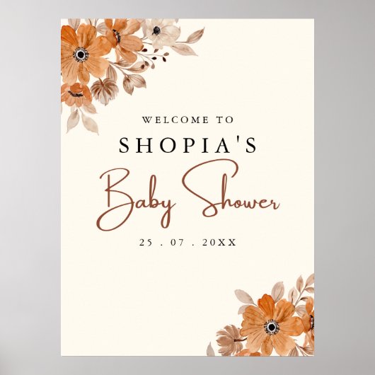 Boho Brown Flowers Baby Shower  ポスター (正面)