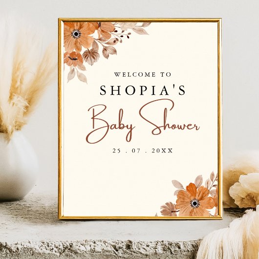 Boho Brown Flowers Baby Shower  ポスター