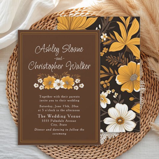 Boho Brown Gold Floral Autumn Wedding 招待状