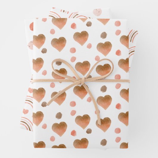 Boho Brown、Mauve、ピンクのハートと水玉模様 ラッピングペーパーシート (インサイチュ)