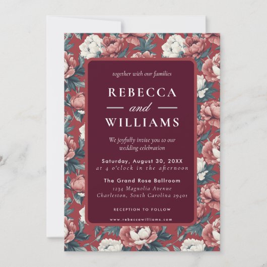 Boho Brown  Peonies Spring Wedding Invitation 招待状 (正面)