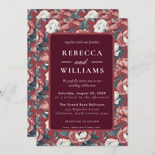 Boho Brown  Peonies Spring Wedding Invitation 招待状 (正面/裏面)