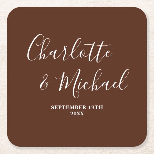 Boho Brown Script Minimalist Wedding スクエアペーパーコースター (正面)