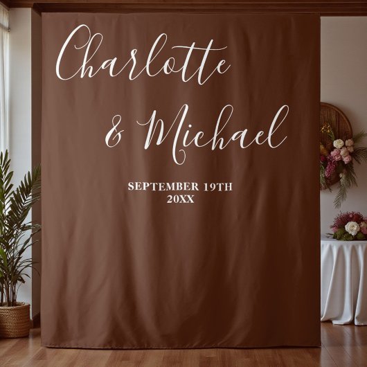 Boho Brown Script Minimalist Wedding Backdrop タペストリー