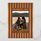 Boho Brown Stripes Thanksgiving Family Photo Gold  箔シーズンカード (正面)