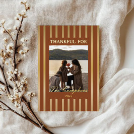 Boho Brown Stripes Thanksgiving Family Photo Gold  箔シーズンカード