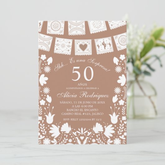 Boho Brown Talavera Mexican Surprise Birthday 招待状 (スタンド正面)