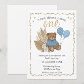 Boho Brown Teddy Bear Blue Balloons Birthday 招待状 (正面/裏面)