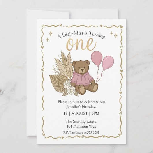 Boho Brown Teddy Bear Pink Balloons Birthday 招待状 (正面)