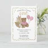 Boho Brown Teddy Bear Pink Balloons Birthday 招待状 (スタンド正面)