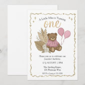 Boho Brown Teddy Bear Pink Balloons Birthday 招待状 (正面/裏面)