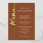 Boho Brown Terracottaゴールドフォイルスクリプトメニューカード 箔招待状 (正面)