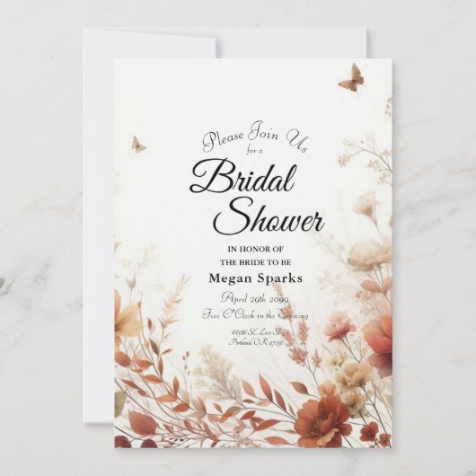 Boho Browns with Butterflies Floral Bridal Shower 招待状 (正面)