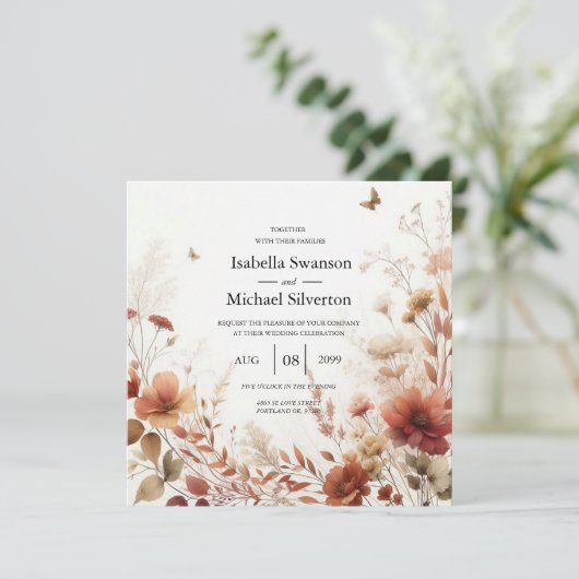 Boho Browns with Butterflies Floral Wedding 招待状 (スタンド正面)