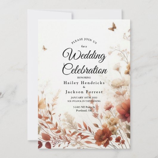 Boho Browns with Butterflies Floral Wedding 招待状 (正面)