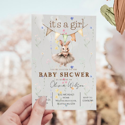 Boho Bunny Baby Shower Invitation with Floral Past 招待状