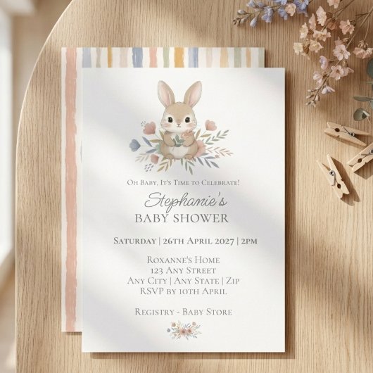 Boho Bunny Watercolor Stripe Baby Shower 招待状