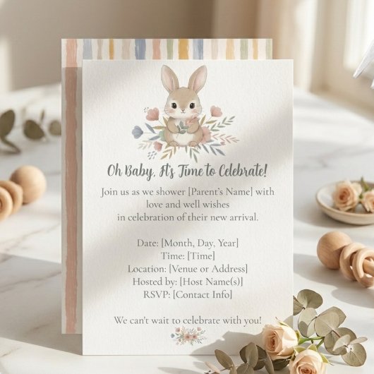 Boho Bunny Watercolor Stripe Baby Shower 招待状