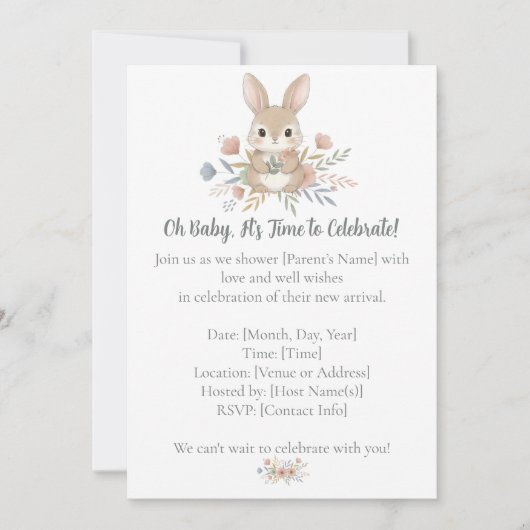Boho Bunny Watercolor Stripe Baby Shower 招待状 (正面)