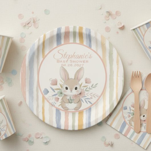 Boho Bunny Watercolor Stripe Plate ペーパープレート