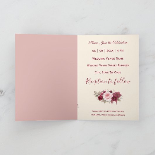 Boho Burgandy Wine Floral Elegant Custom Wedding 招待状 (内部)