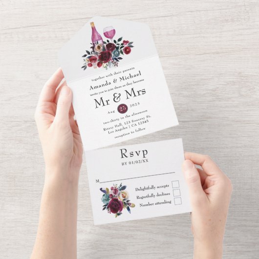 Boho Burgundyとネイビーのワインのテイスティング結婚ズ オールインワン招待状 (貼ってはがせる)